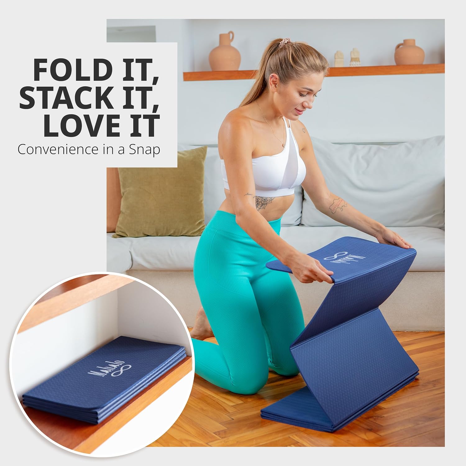 Foldable Yoga Mat + Carry Bag, 6mm 7-fold Workout Mat, Easy to Store, Anti-Slip Folding Exercise Mat for Yoga