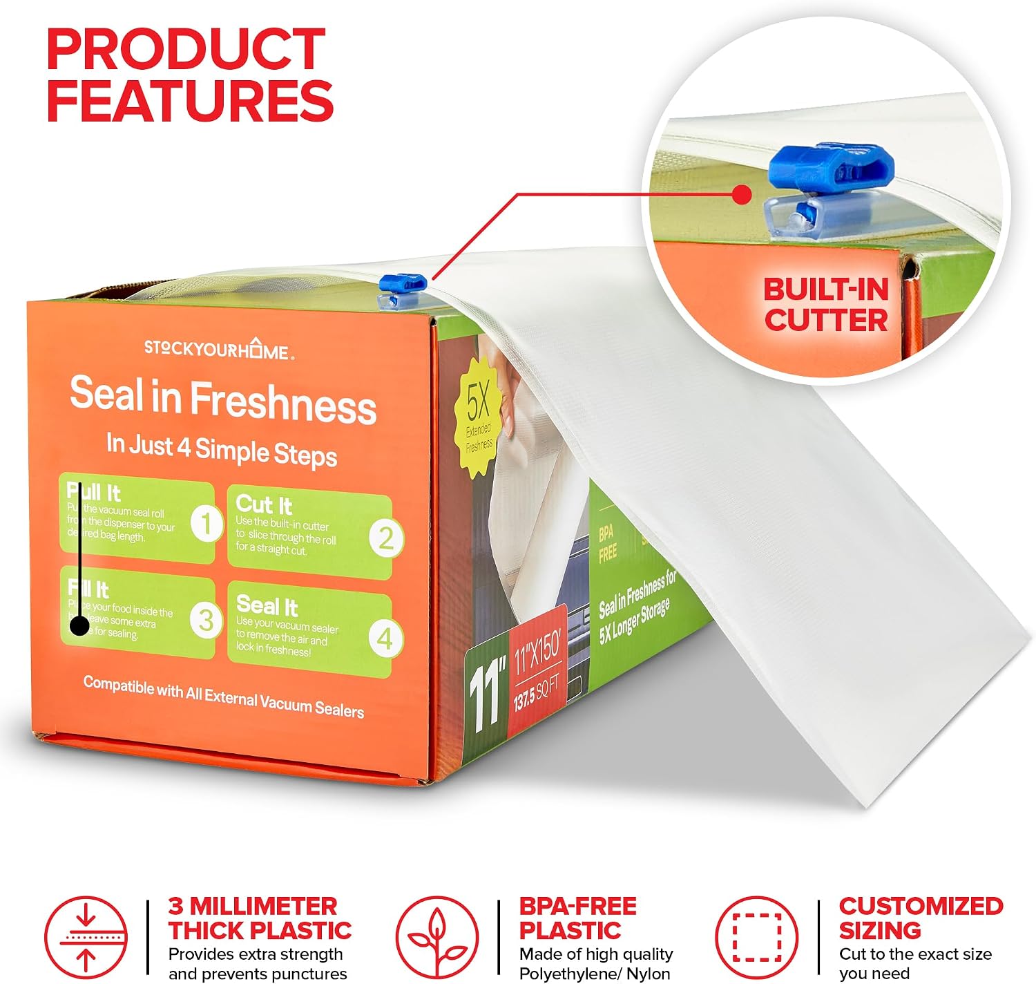 11x150 Inch Vacuum Seal Bags, Rolls in a Box with Customizing Cutter, 11 Inch Rolls for Freezing, Sous Vide and