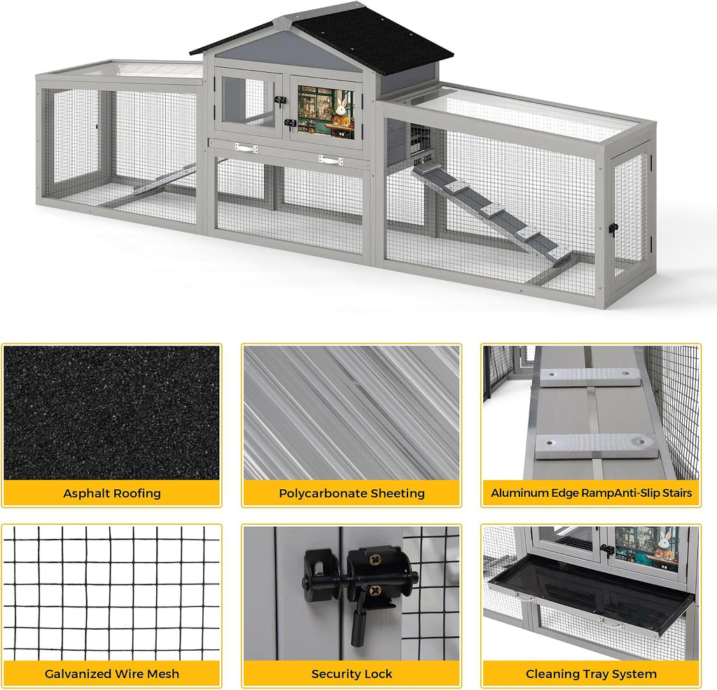 92in Rabbit Hutch, 2-Tier Bunny Cage with Asphalt Roof & 3 Run Boxe | 2-Tier Design With 2 Run Boxes, Asphalt Roof &