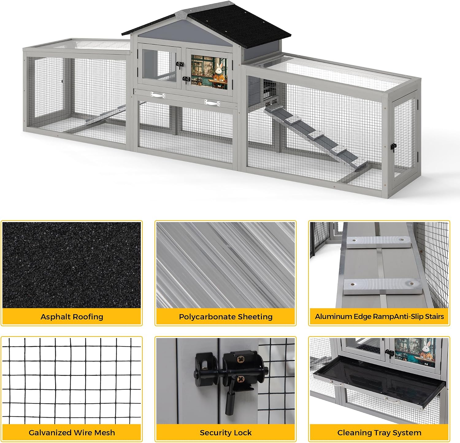 92in Rabbit Hutch, 2-Tier Bunny Cage with Asphalt Roof & 3 Run Boxe | 2-Tier Design With 2 Run Boxes, Asphalt Roof &