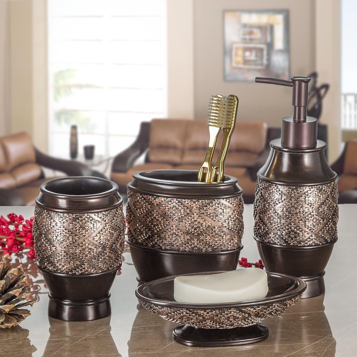 Dublin Brown 4 Piece Bathroom Accessory Set | Includes Soap Dispenser, Toothbrush Holder, Tumbler Cup & Soap Dish