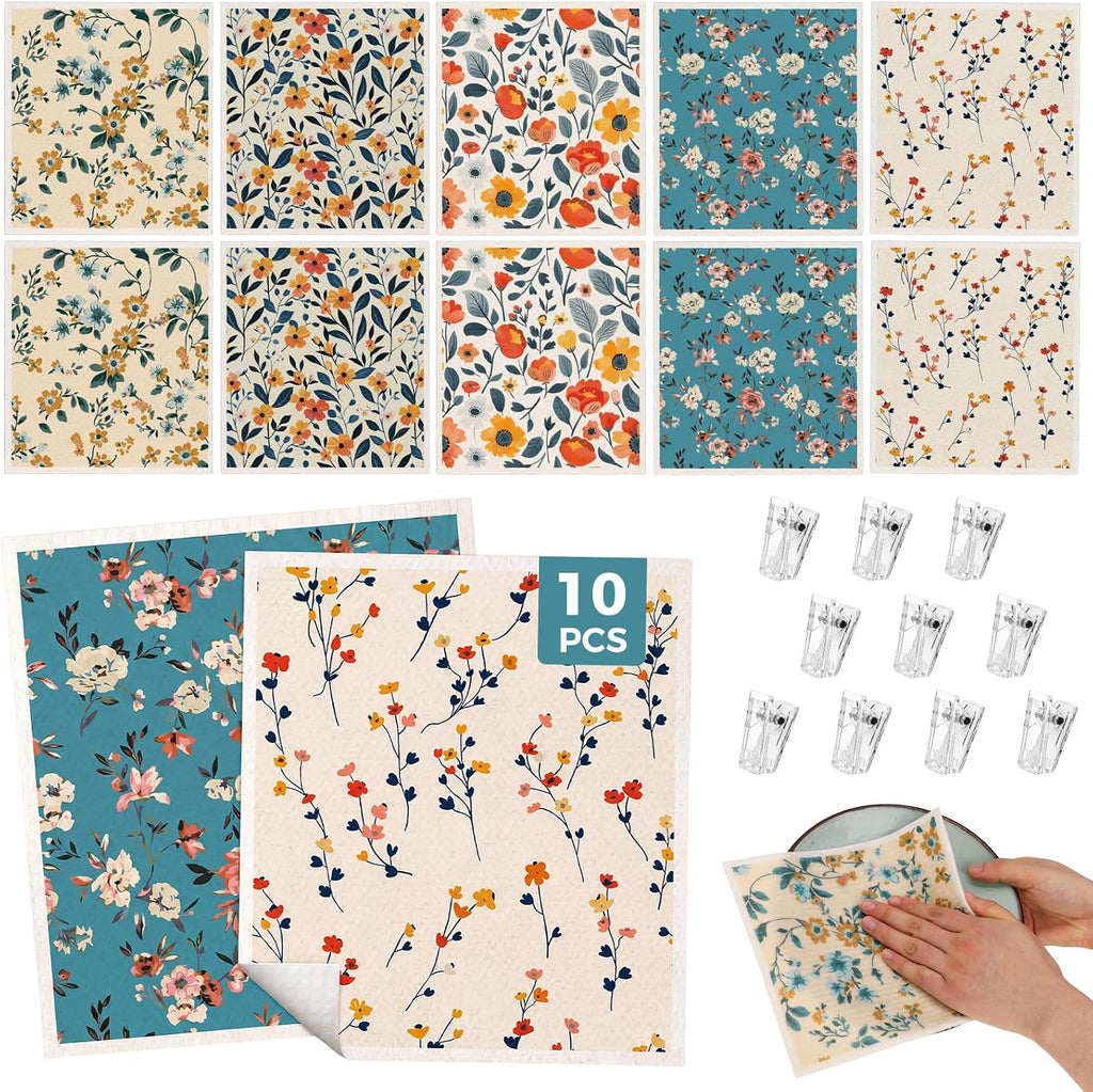 10 Pack Swedish Dishcloths, Reusable Kitchen Towels with Clips, Plant