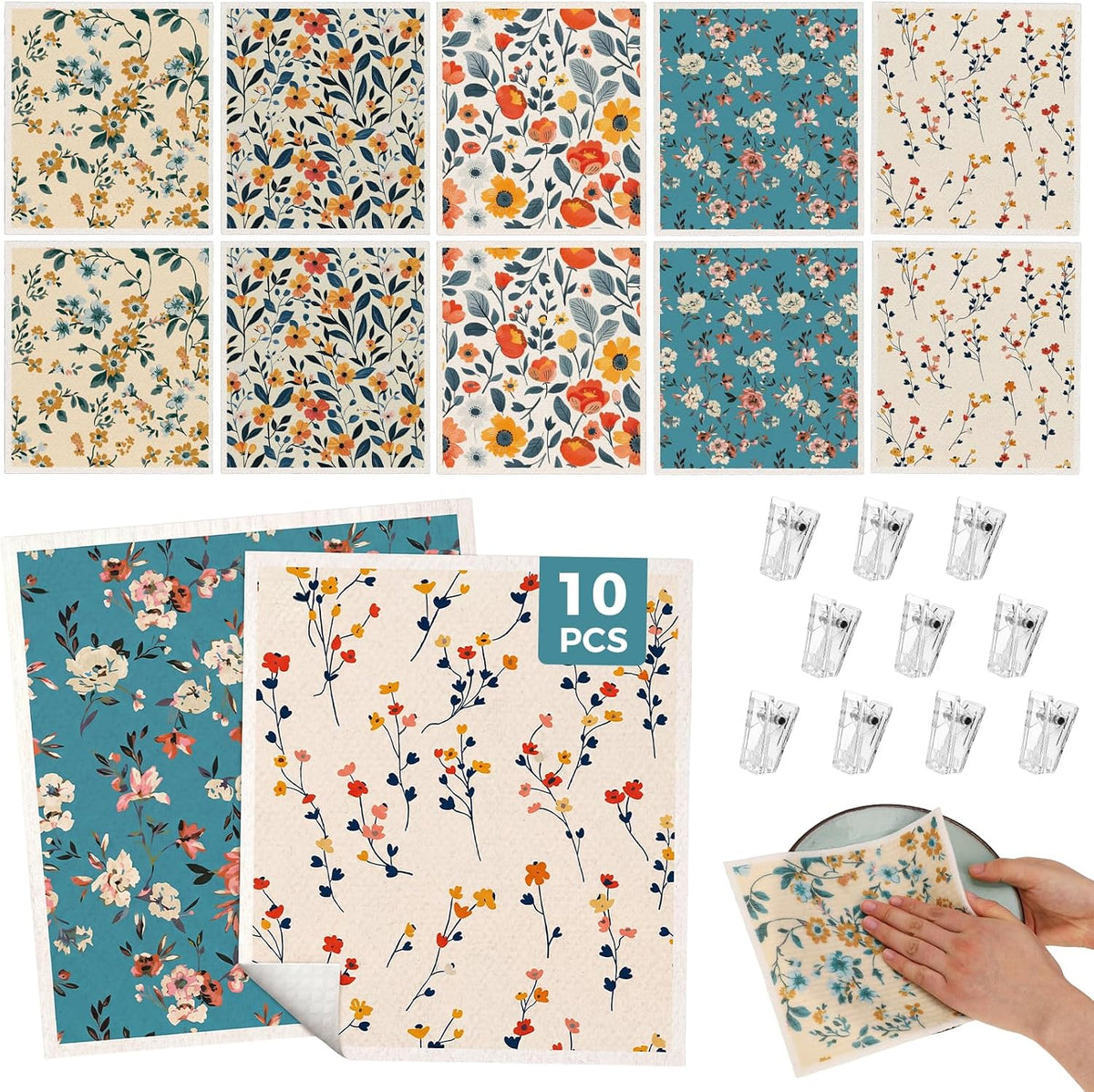 10 Pack Swedish Dishcloths, Reusable Kitchen Towels with Clips, Plant
