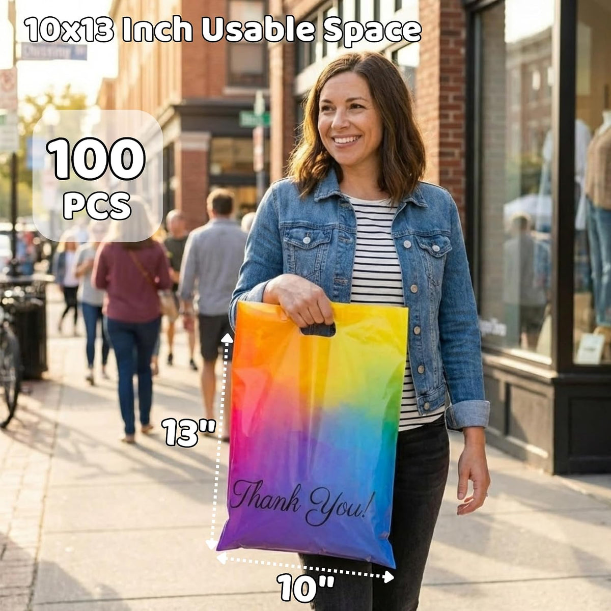 Rainbow Poly Mailers with Handle, 10x13, 100 Pack, Thank You Bags
