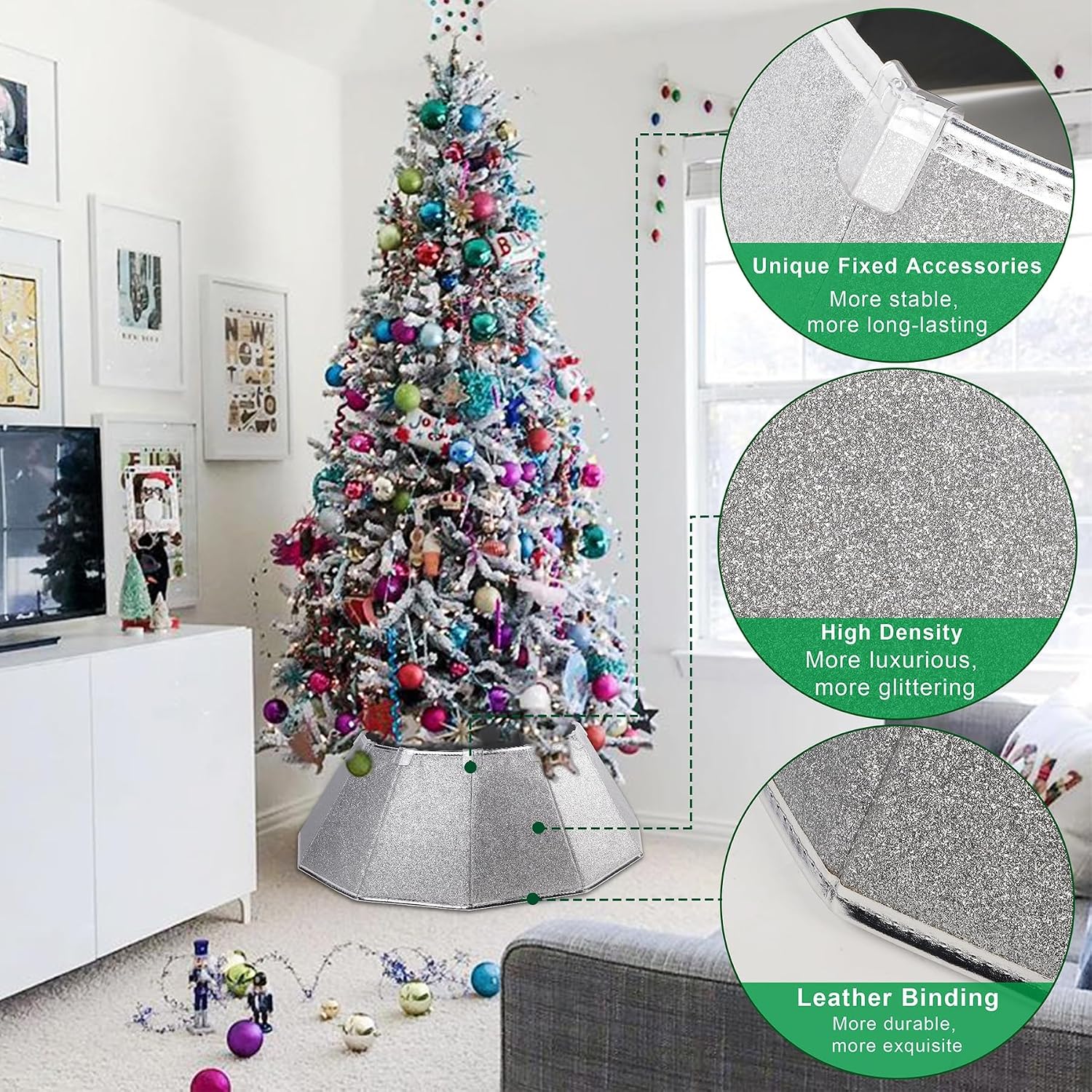 Fabric Christmas Tree Collar - Glittering Ring and Willow Skirt for Tree Decorations (Glitter Silver)