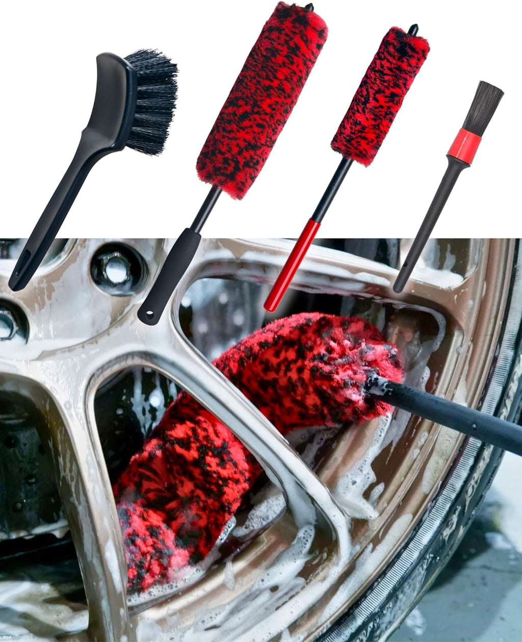 Professional 4 Pack Long Handle Wheel Brush Kit for Cleaning Wheel and Tire- 2X Soft Wheel Cleaning Brush, Detailing