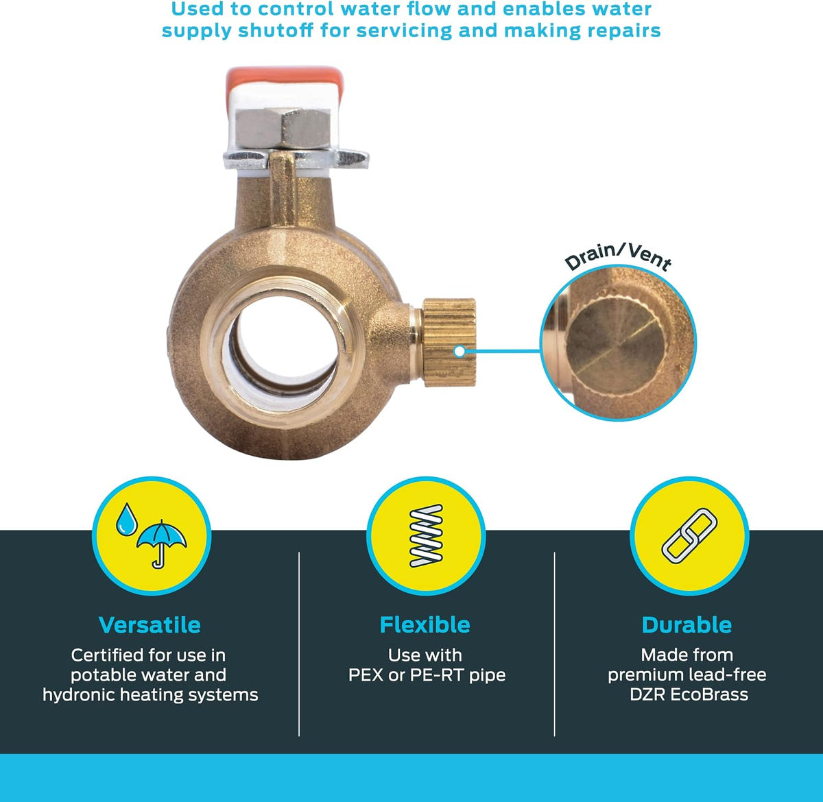 SharkBite 3/4 Inch Crimp Ball Valve with Drain, Brass Plumbing Fitting, PEX Pipe, PE-RT, 24613LFA