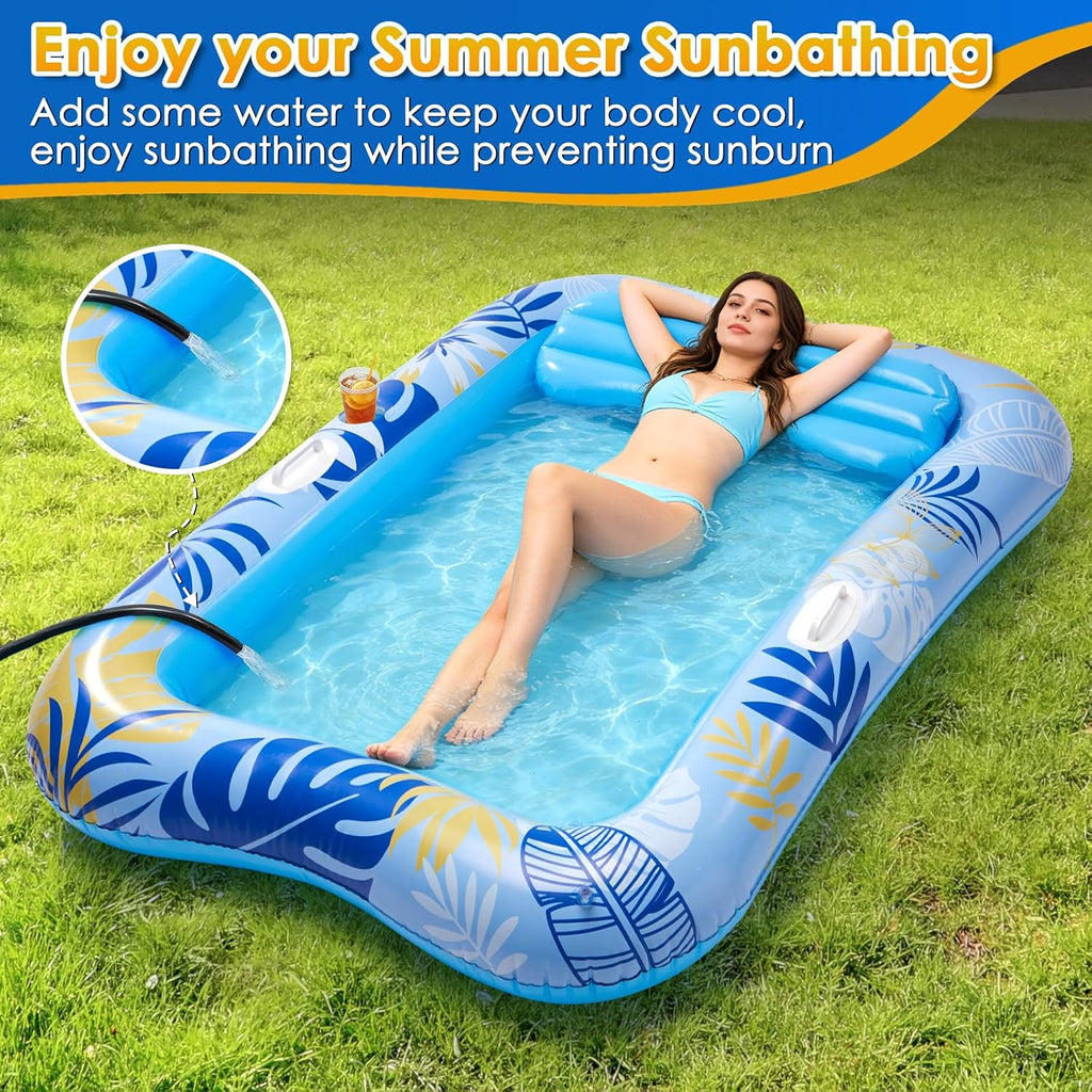 Inflatable Tanning Pool Lounger Float, 70" x 46" Blow up Pool Floats Adult with Pillow and Drink Holder, Sunbathing