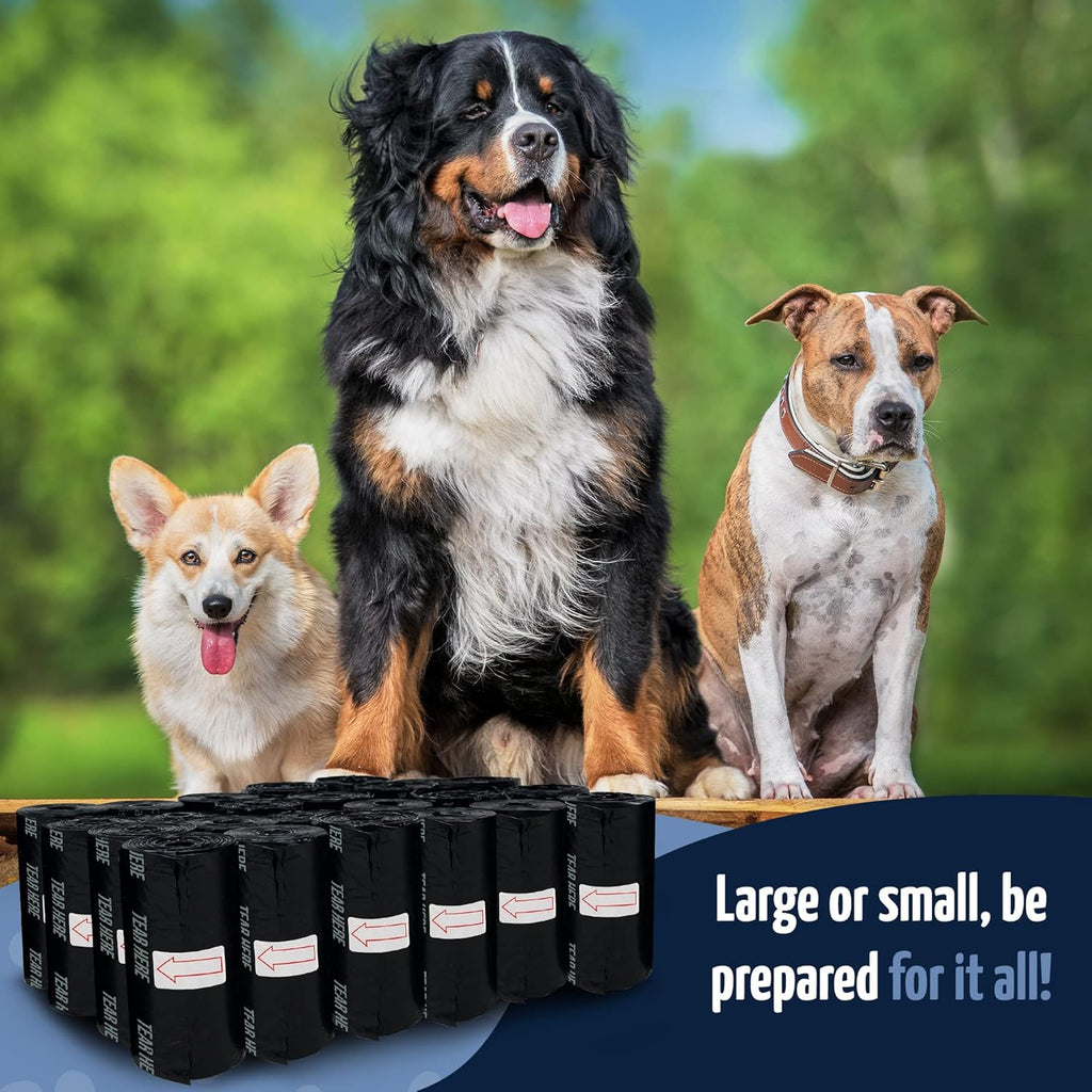 Dog Poop Bags w/Holder (360 Pack - 24 Rolls) | Leash Clip Dispenser | 9x13" Large Dog Bag for Poop | Black Pet Waste