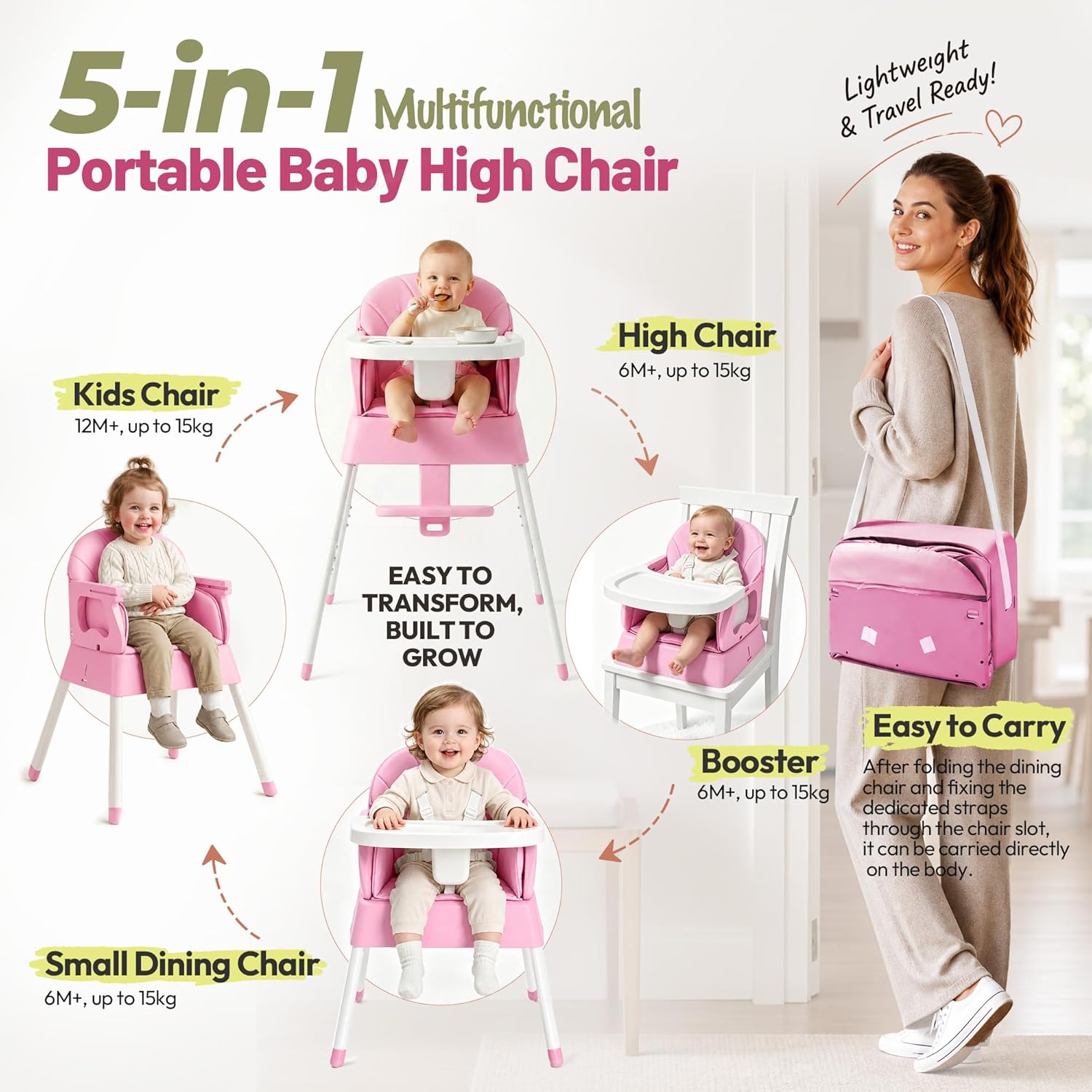 5 in 1 Foldable Baby High Chair,Convertible Highchair for Babies and Toddlers-Portable Infant Booster Seat,Foldable