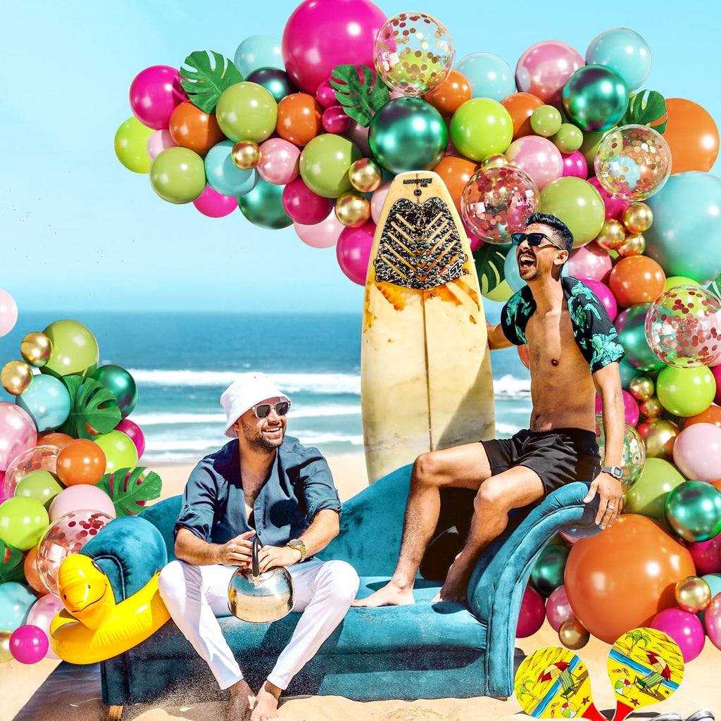 Tropical Luau Balloon Arch Kit 146Pcs Hot Pink Pearl Pink Green Blue Orange Gold Metallic Green Confetti Balloons
