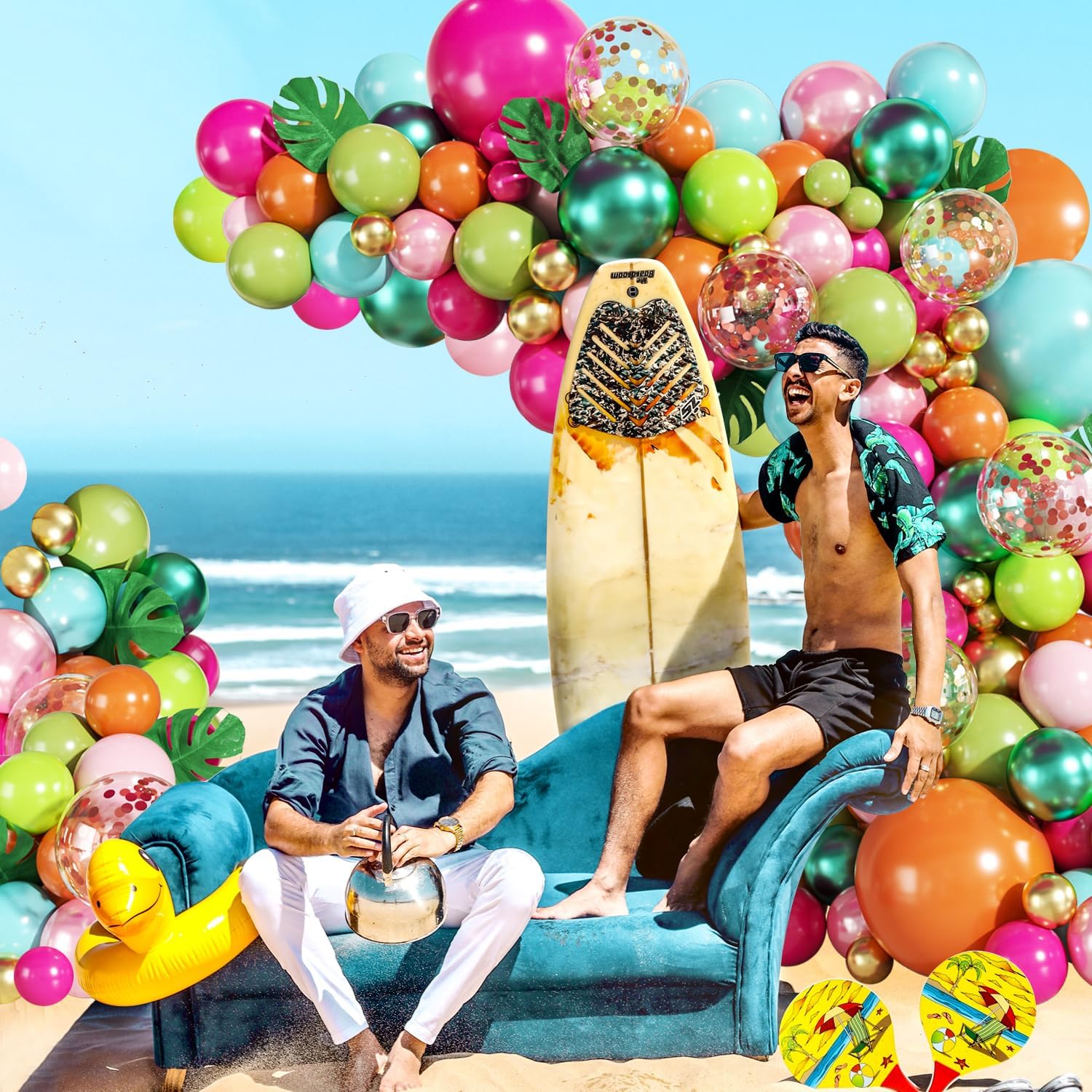 Tropical Luau Balloon Arch Kit 146Pcs Hot Pink Pearl Pink Green Blue Orange Gold Metallic Green Confetti Balloons