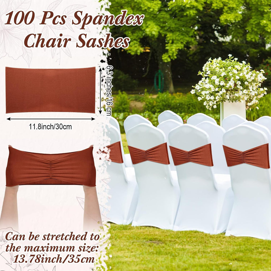 100Pcs Spandex Chair Sashes Bow Elastic Band Ties, Terracotta
