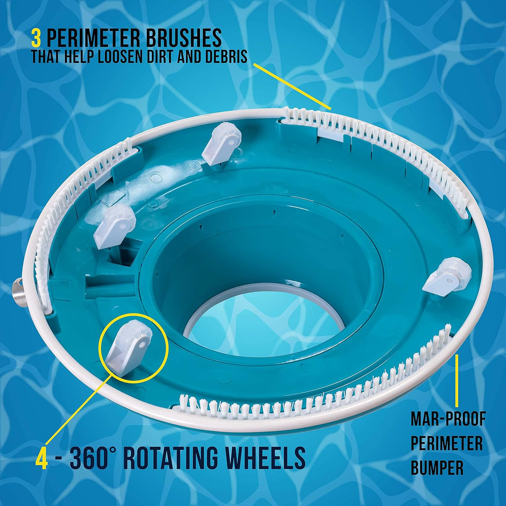 Professional Swimming Pool Leaf Terminator Vacuum - 15" Pool Cleaner Body, 8 Pressure Jets, 4 Rotating Wheels, 3