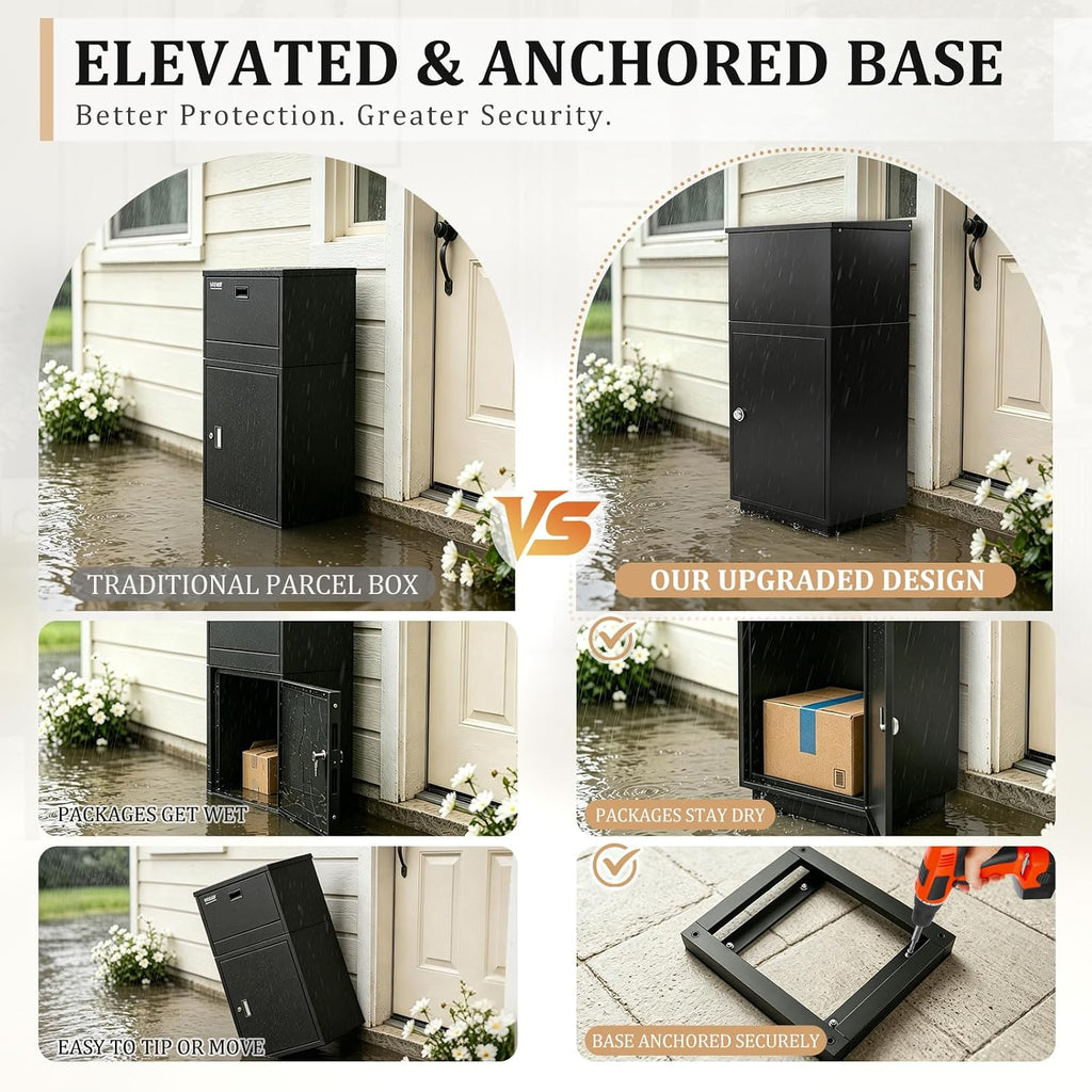 Package Delivery Box for Outside, Galvanized Steel with Code Lock | Raised bolt-down base, anti-theft drop slot