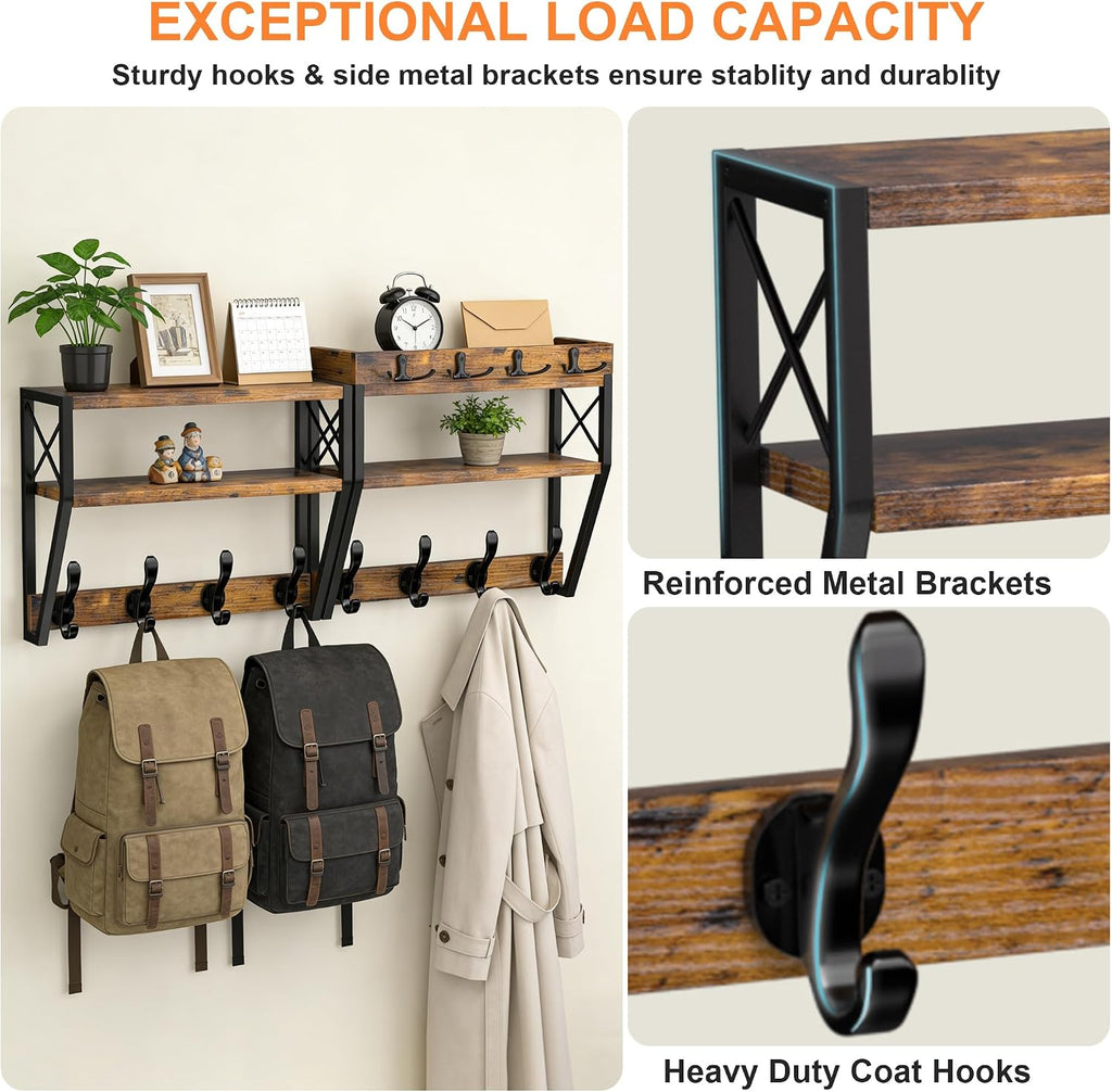 Upgraded 3-Tier Large Coat Rack Wall Mount with Shelf, 4 in 1 Versatile Coat and Key Hanger Wall Mount, 32-inch