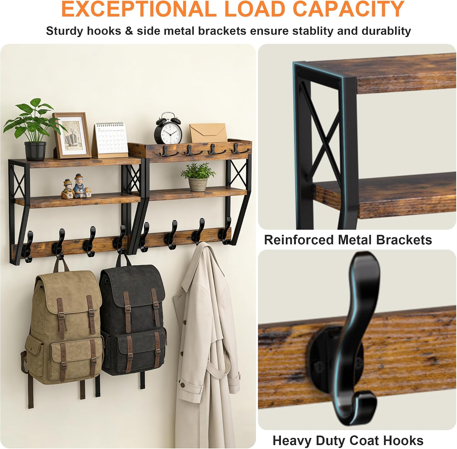 Upgraded 3-Tier Large Coat Rack Wall Mount with Shelf, 4 in 1 Versatile Coat and Key Hanger Wall Mount, 32-inch