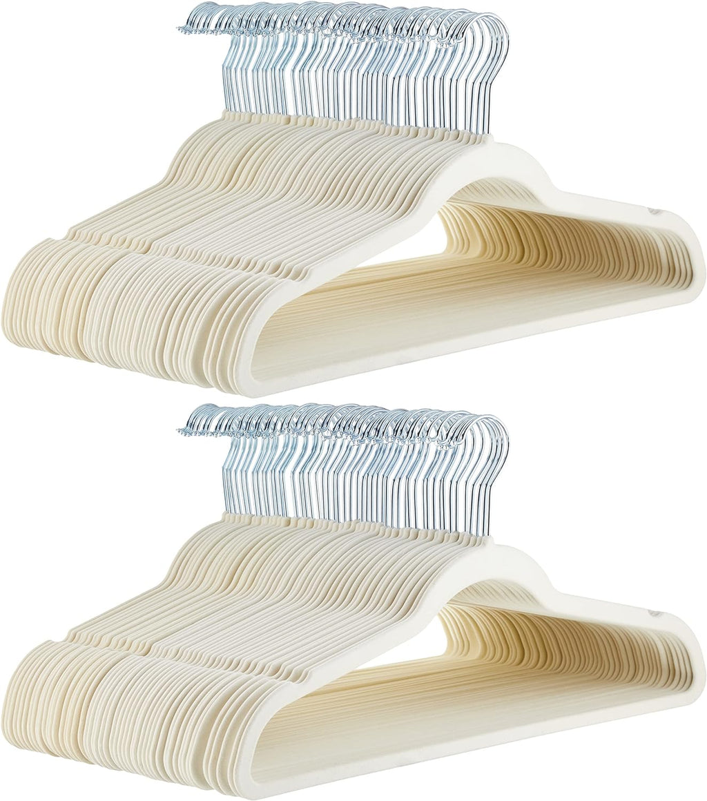 Slim Velvet Non-Slip Space Saving Suit Clothes Hangers for Closet Organization, Ivory/Beige, 100-Pack