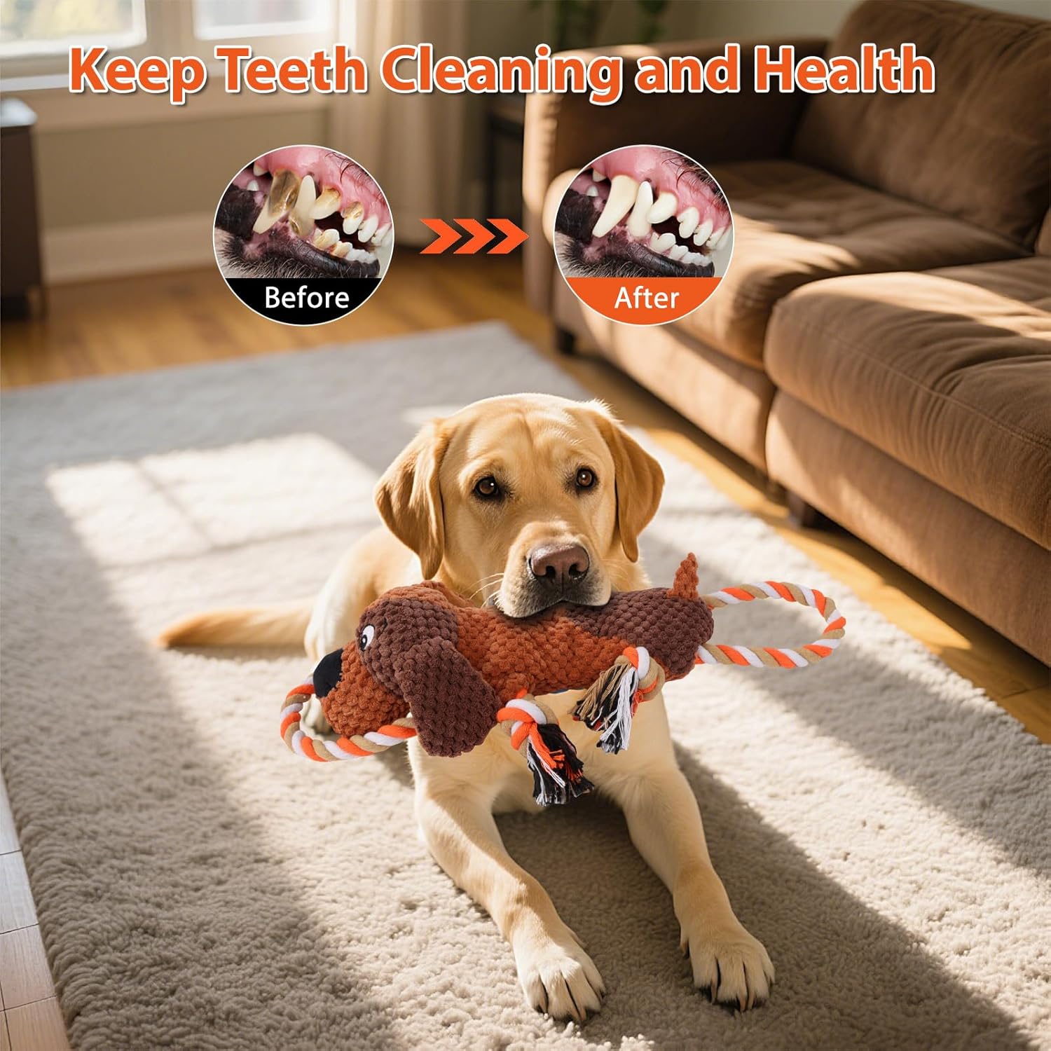 Interactive Dog Toys for Large Dogs - Durable Rope Tug of War Toy with Squeaker & Crinkle - Tough Plush Chew Toys for