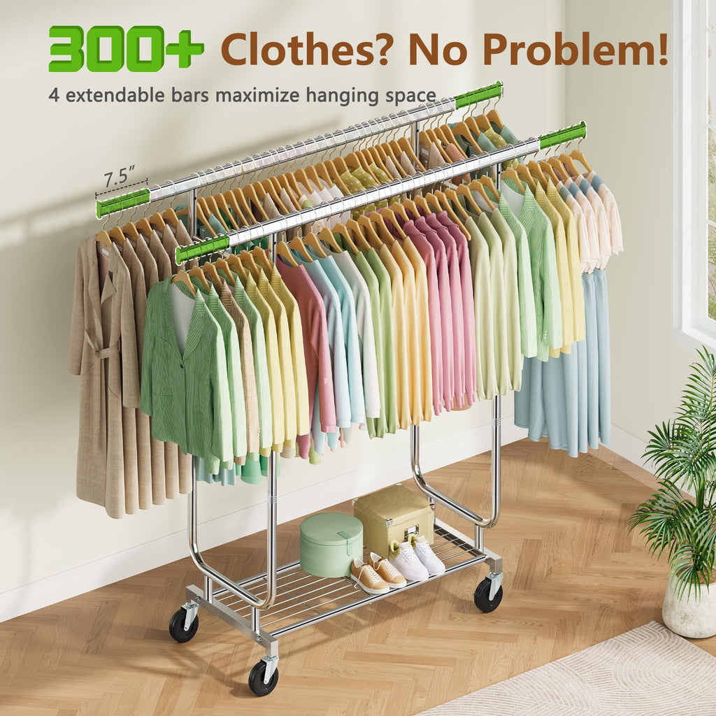Heavy Duty Rolling Clothes Rack, 620 LBS Load Double Rod Adjustable Garment Rack with Storage Shelf, Portable