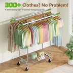 Heavy Duty Rolling Clothes Rack, 620 LBS Load Double Rod Adjustable Garment Rack with Storage Shelf, Portable