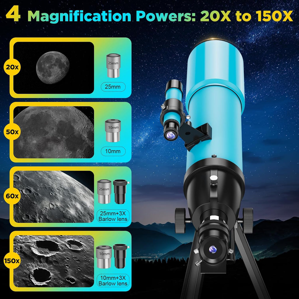 80mm Portable Telescope for Adults & Kids: 150X Scope with 133cm Tripod | 133cm Tripod, Smartphone Adapter, Carrying