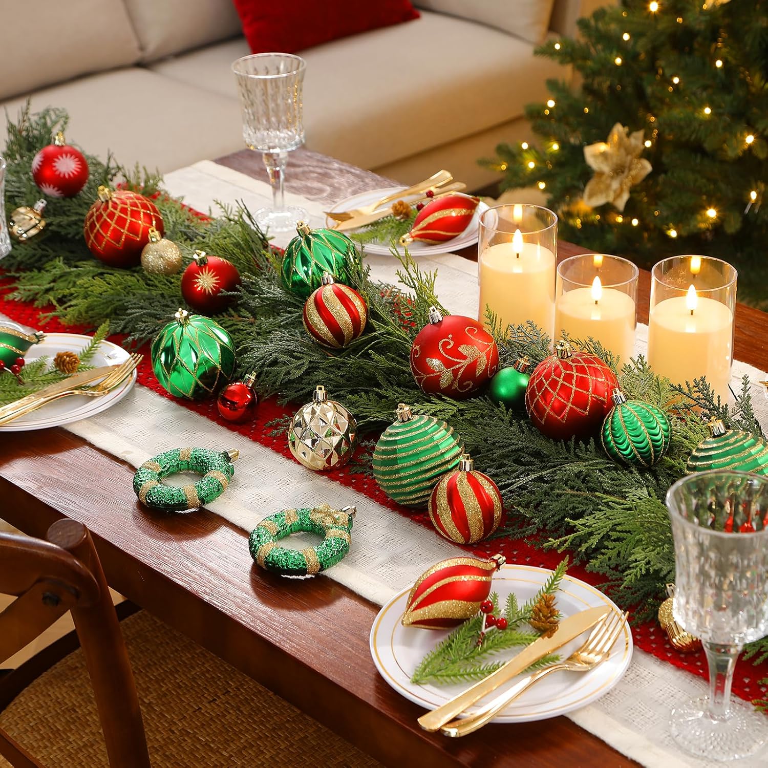 135pcs Christmas Balls Ornaments Set, Shatterproof Plastic Baubles, Ribbon and Tree Topper for Xmas Tree Holiday