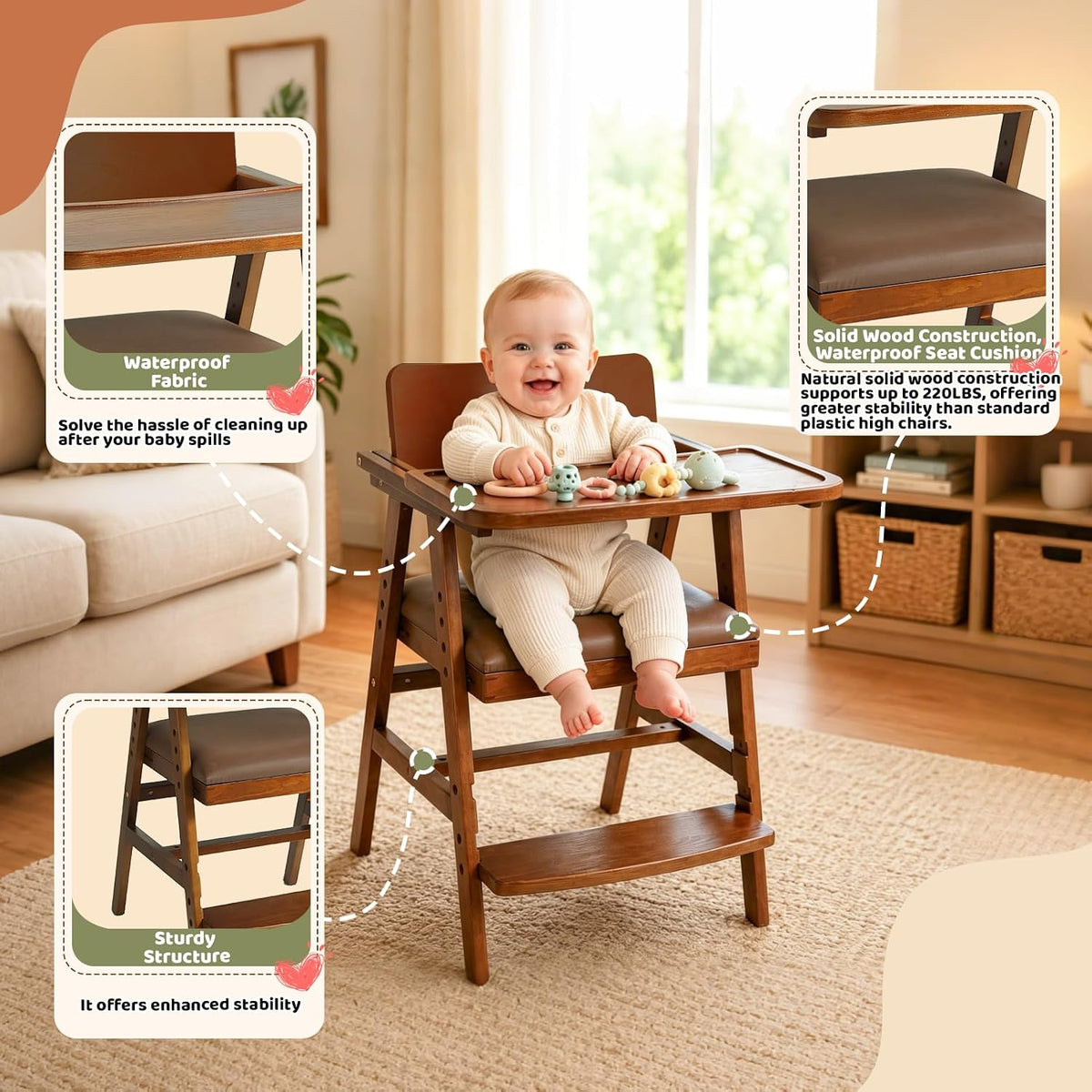 3-in-1 Wooden High Chair with Steps & Adjustable Tray for Baby Toddler