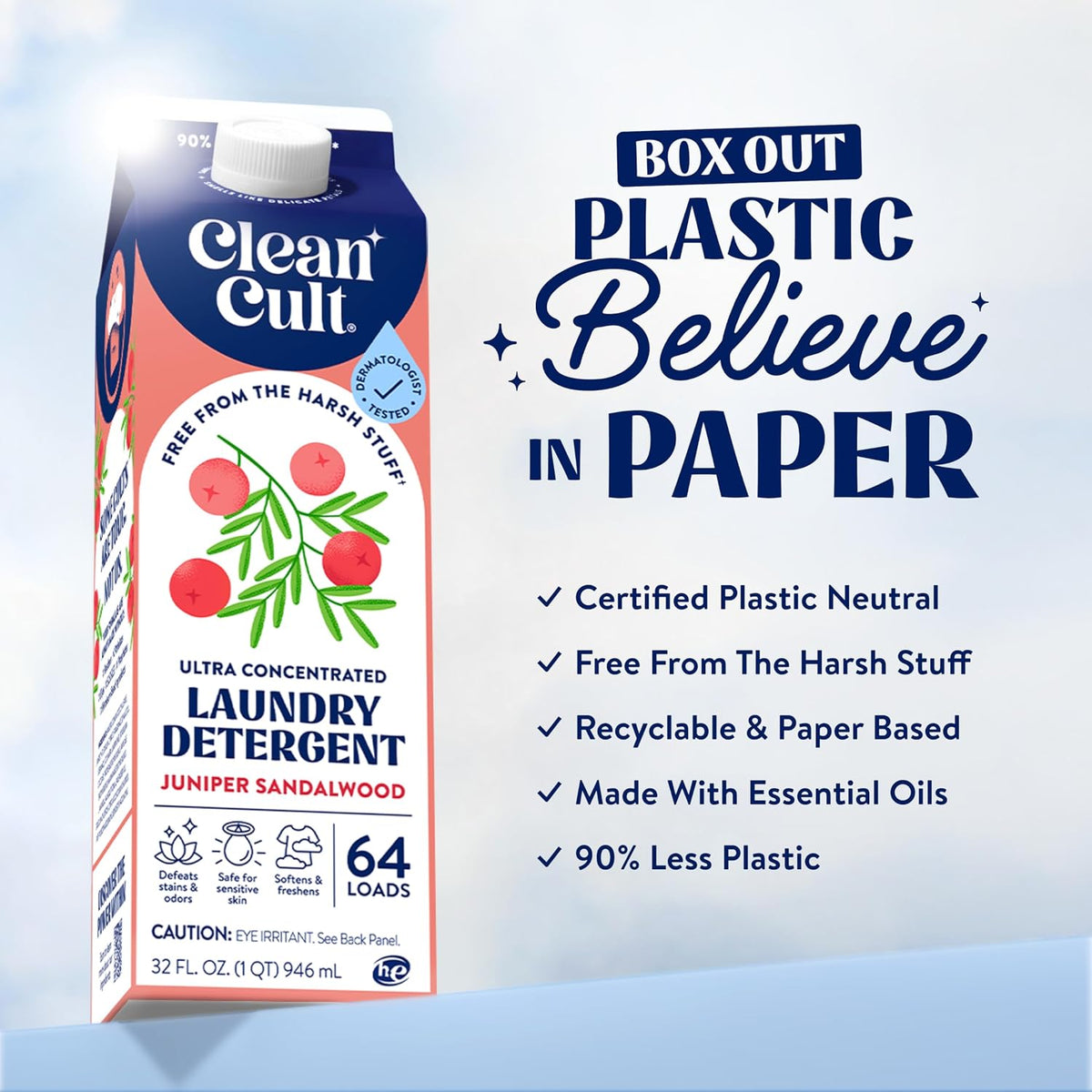 Ultra Concentrated Liquid Laundry Detergent Soap, 64 loads (32 oz), Long Lasting Scent, 90% Less Plastic, No Harsh