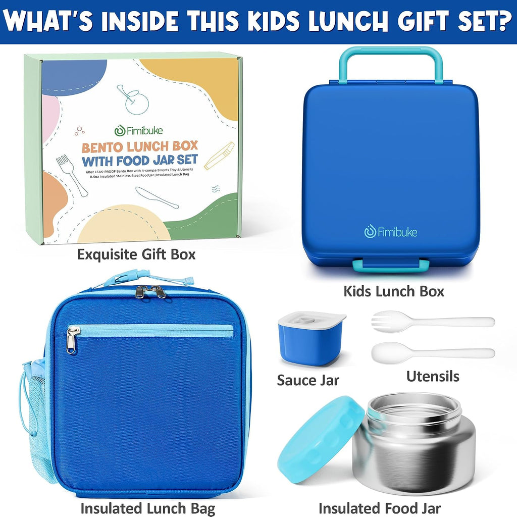 60oz Kids Bento lunch Box with Insulated Lunch Bag & 8.5oz Thermo | Leakproof 3-4 Compartment Toddler Kids Lunch Box