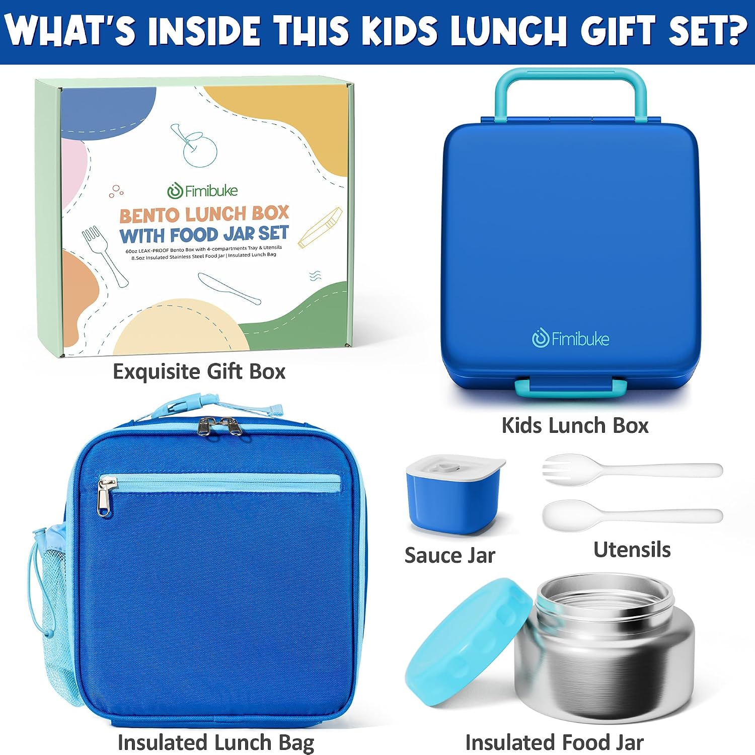 60oz Kids Bento lunch Box with Insulated Lunch Bag & 8.5oz Thermo | Leakproof 3-4 Compartment Toddler Kids Lunch Box
