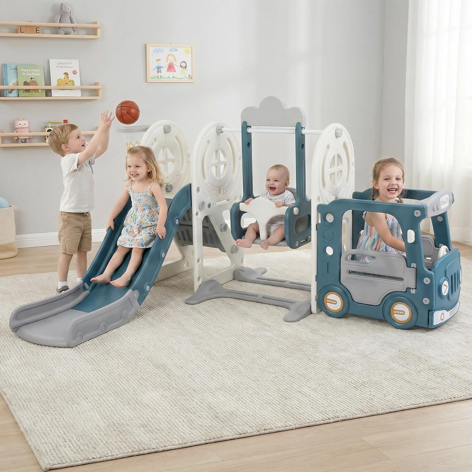 Toddler Slide and Swing Set, 5 in 1 Bus Themed Baby Slide with Climber Basketball Hoop Car Playhouse for Indoor