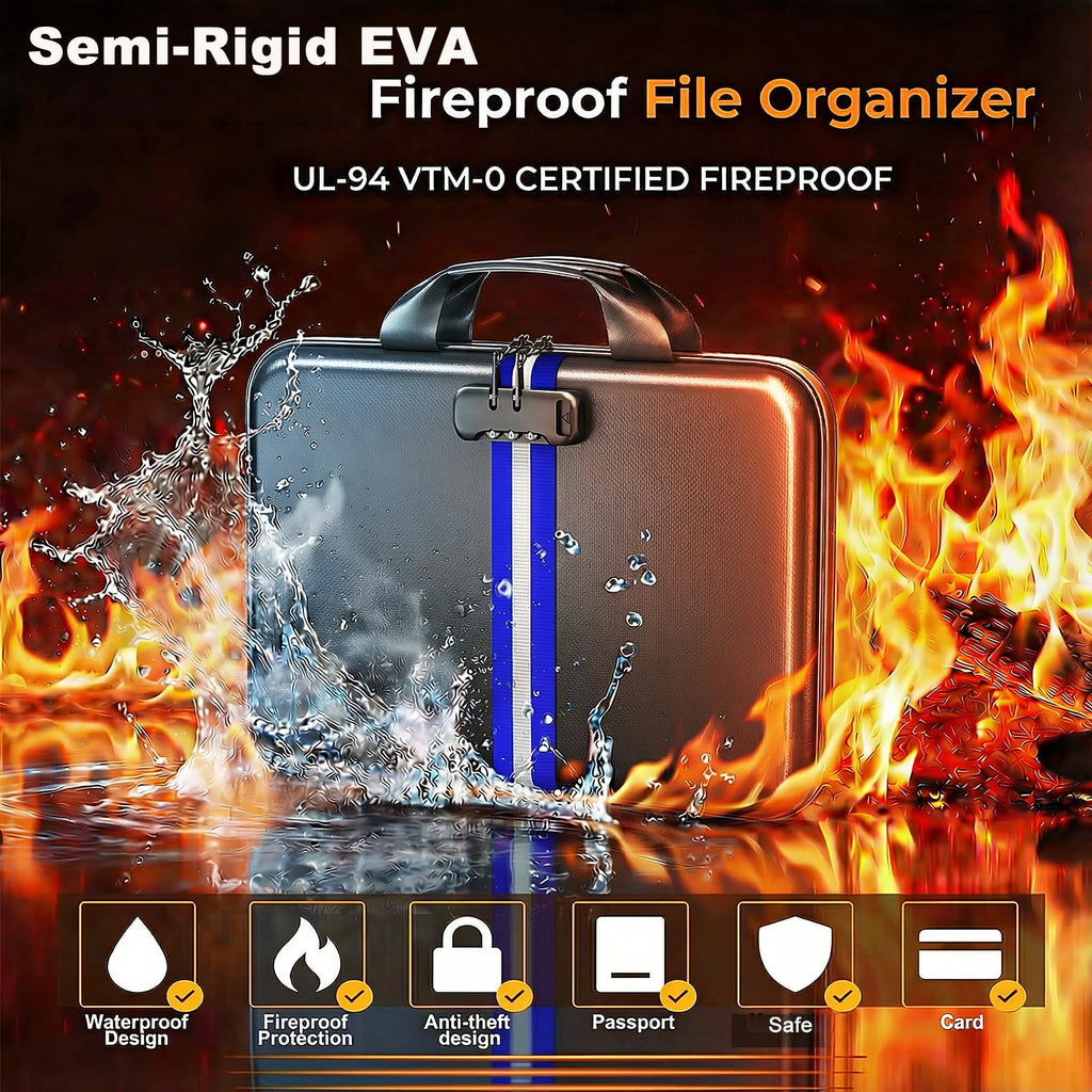 Fireproof Document Organizer with Lock, Semi-Rigid EVA Shell File Box with 13-Pocket Accordion Folder