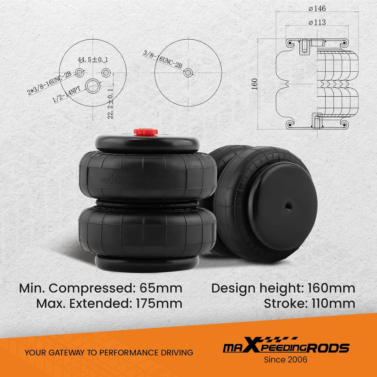 maXpeedingrods 2PCS Universal Air Suspension Spring Double Bellow Standard 2500 lbs 1/2"npt Single Port Replacement Air Helper Bags for Trucks