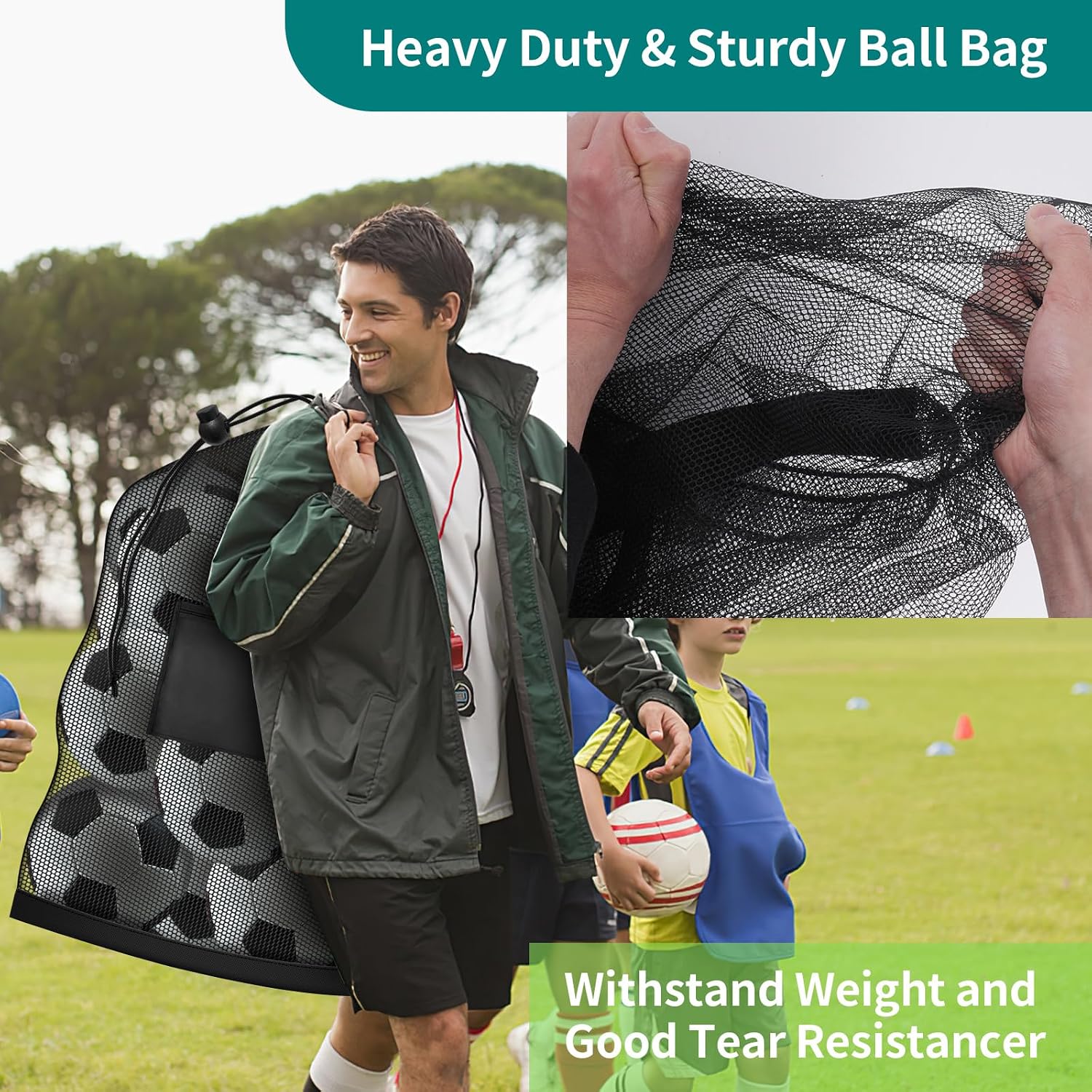 Extra Large Soccer Ball Bag, 40"x30" Drawstring Heavy Duty Mesh Net | Hold 10-12 Basketball Volleyball, Adjustable