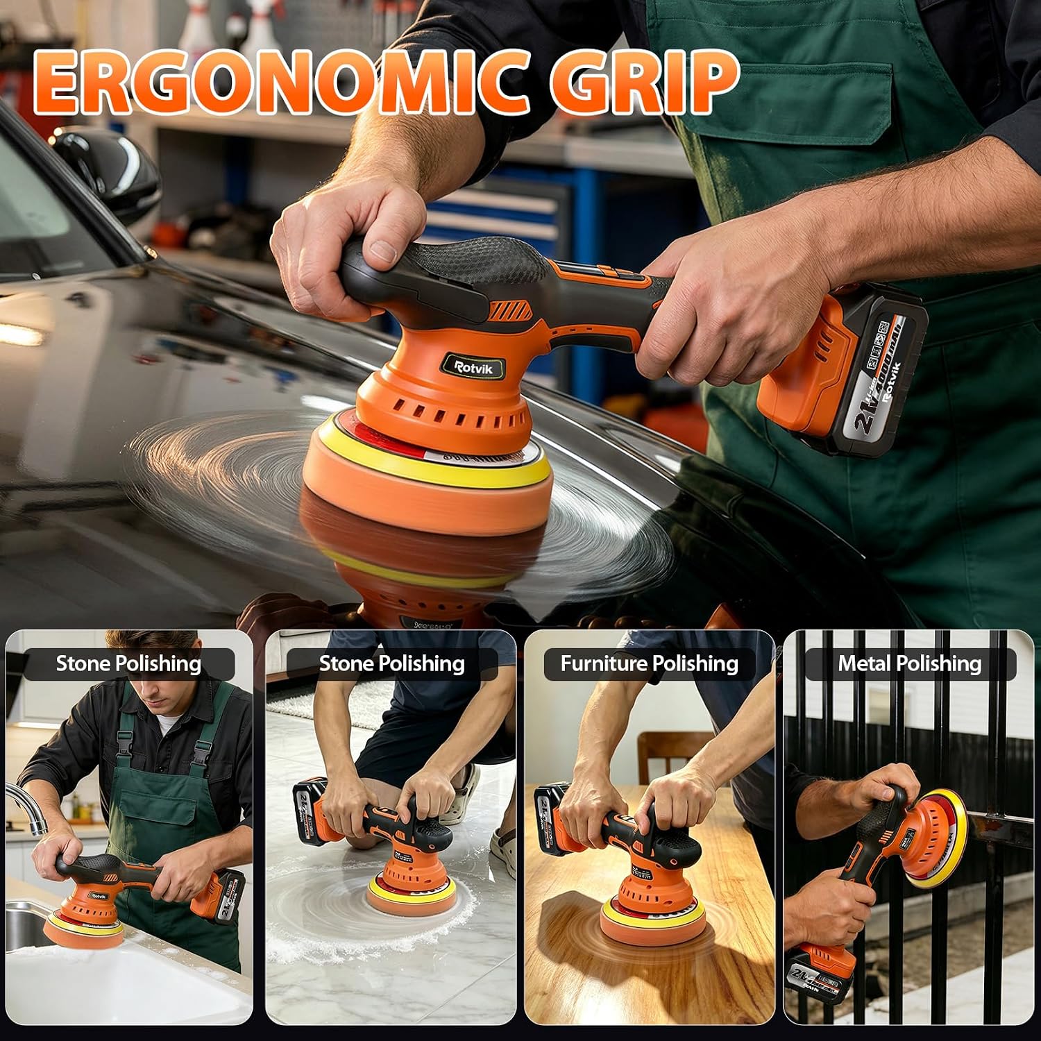 Cordless Car Buffer Polisher Kit, 2x4000mAh 21V Batteries, 6-Inch Orbital Car Polisher, 8 Variable Speeds, LED