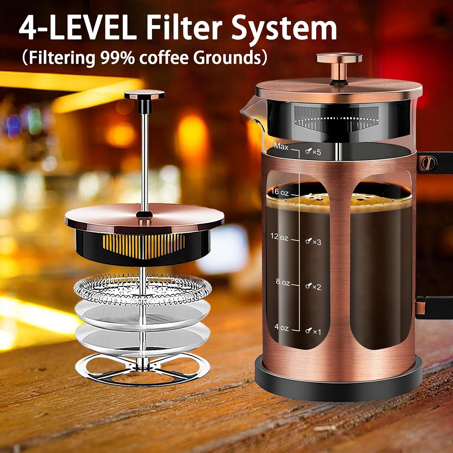 French Press Coffee Maker (21oz 600ML 3-4Cup) Coffee Press, with 4 Filters System, Heat Resistant Thickness