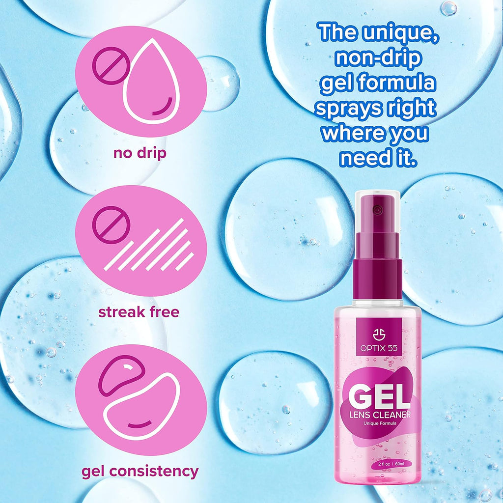 Gel Lens Cleaner Kit - (2) 2oz Eye Glasses Cleaner Gel Spray + (2) Microfiber Cleaning Cloths | Safe for AR Coated &