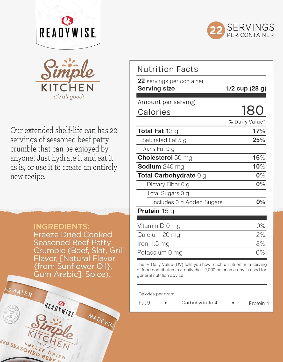 Simple Kitchen Seasoned Ground Beef Crumbles, 22 Servings – Freeze-Dried Meat for Emergency Food Supply, Long-Term