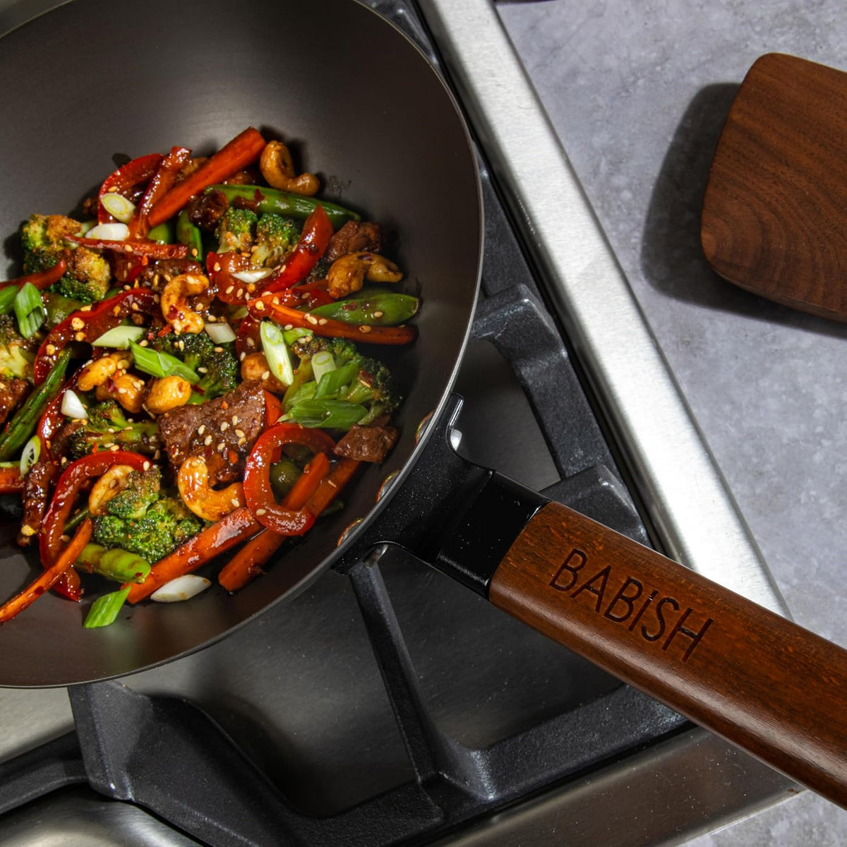 9.5 Inch Carbon Steel Wok Pan, Flat Bottom Stir Fry Pan, Induction