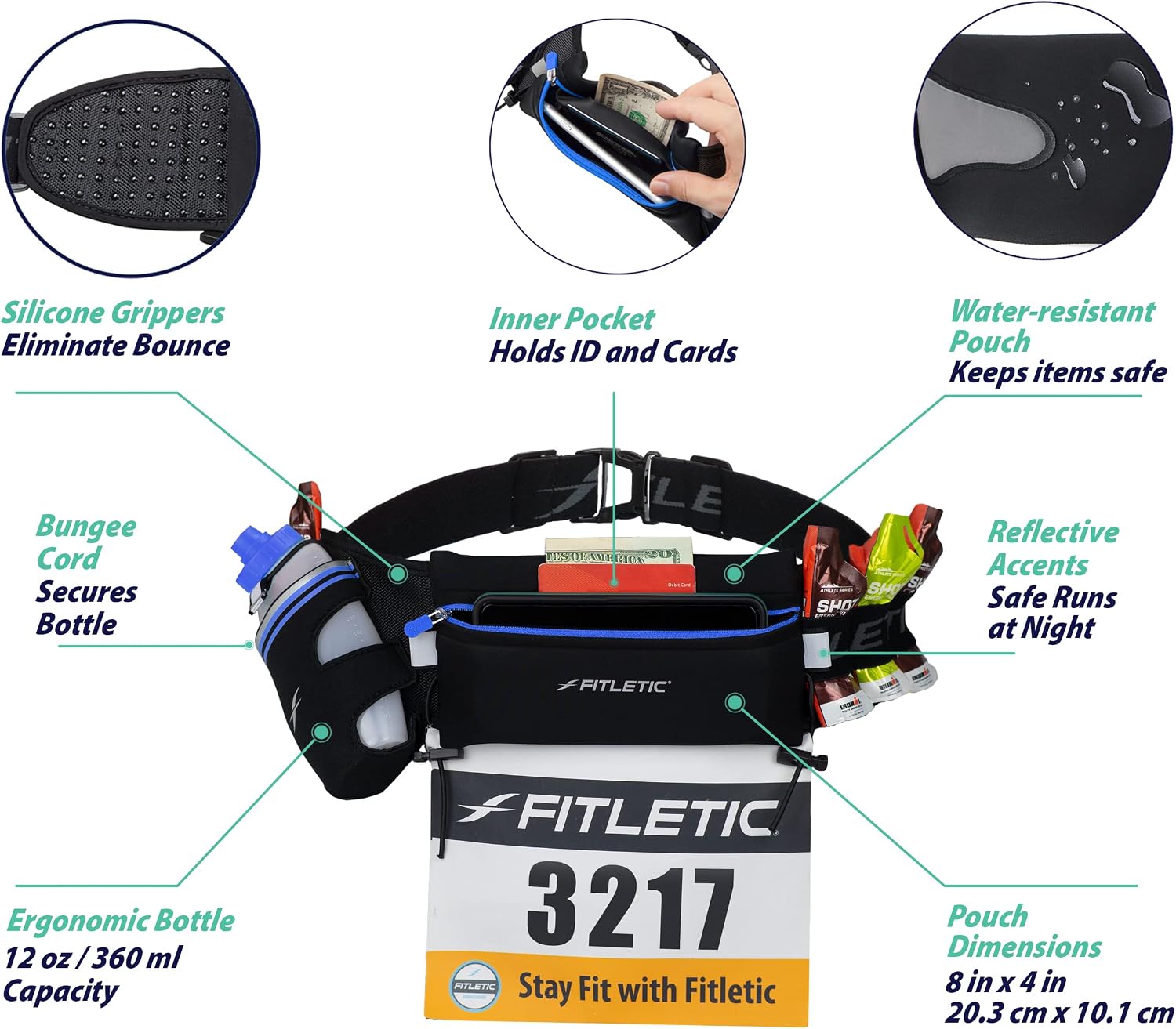 Hydration Running Belt With 12oz Quick Flow Water Bottle For Men & Women –Race Belt, Gel Holder & Bib Toggles