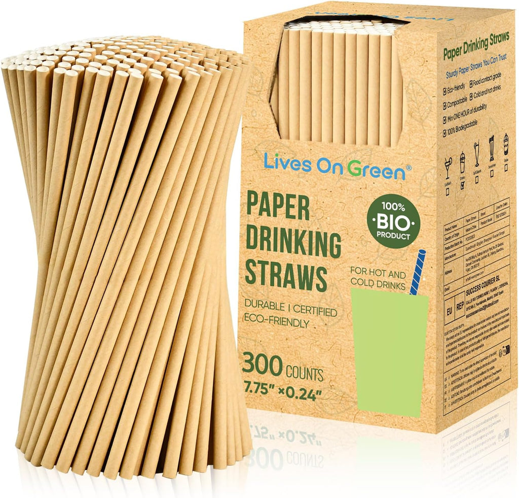 [300 Pack] Brown Paper Straws 7.75" Compostable Drinking Straws Disposable
