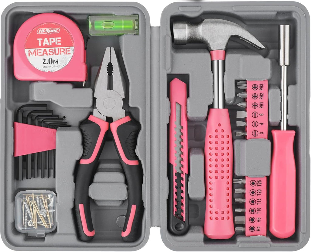 Tool Set 25pc Pink Household DIY Tool Kit for Women. Small Mini Tool Box Set of Starter Basic Ladies Tools