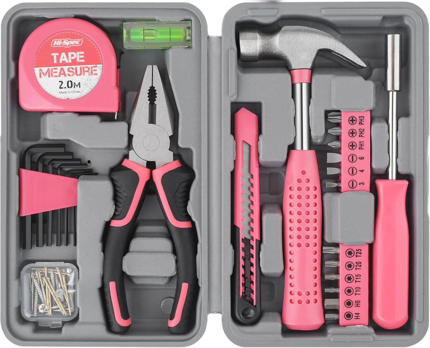 Tool Set 25pc Pink Household DIY Tool Kit for Women. Small Mini Tool Box Set of Starter Basic Ladies Tools