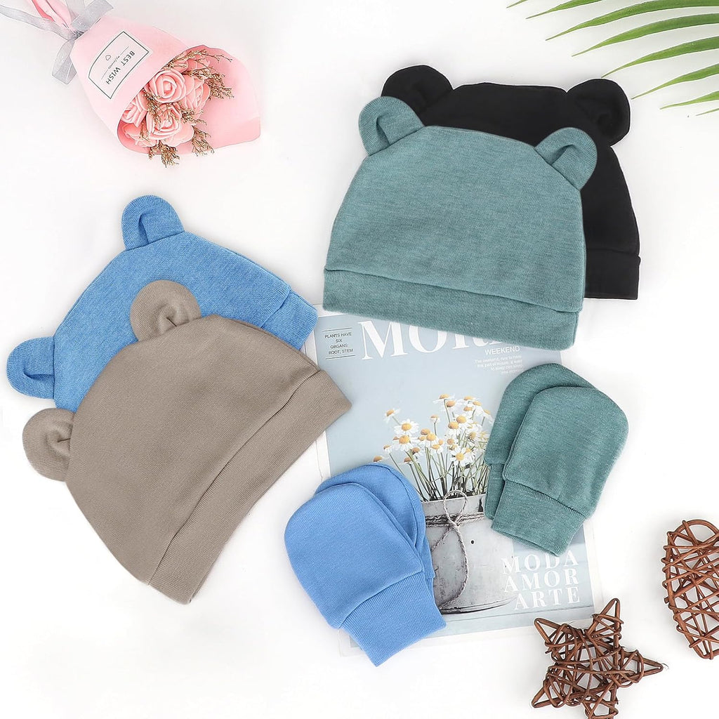 BQUBO Newborn Baby Bear Ears Hats and Mittens Sets Preemie Cotton Caps Baby Boy Girl Infant Hospital Beanie