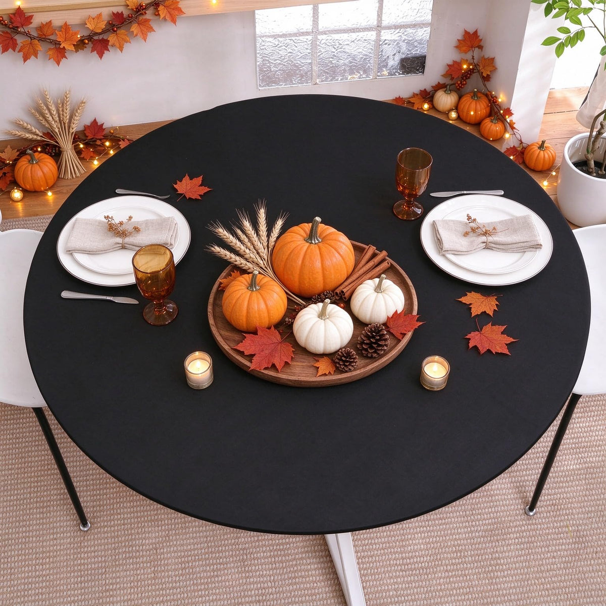 Round Elastic Fitted Tablecloth for 45"-56" Tables, Black