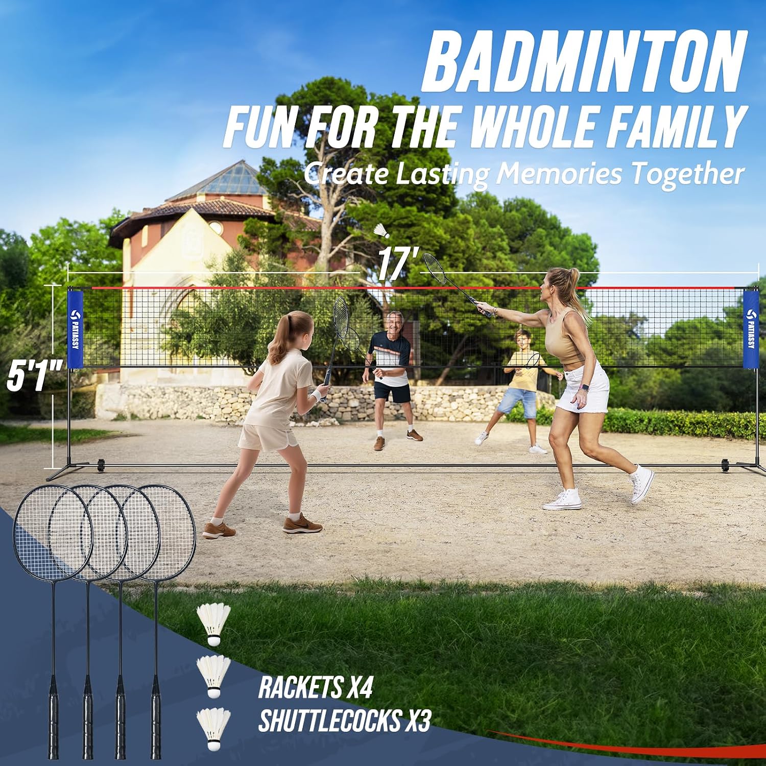 3-in-1 Badminton Volleyball Pickleball Net Set Adjustable Height | Backyard Outdoor Games, 17FT Portable Net, Height