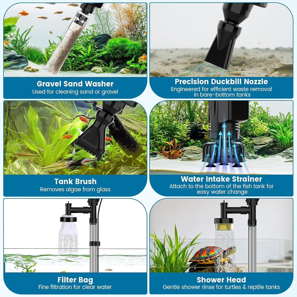 Aquarium Gravel Cleaner, 6-in-1 Electric Fish Tanks Gravel Vacuum | Anti-Clog Gravel Barrier, Sand Washer, Water