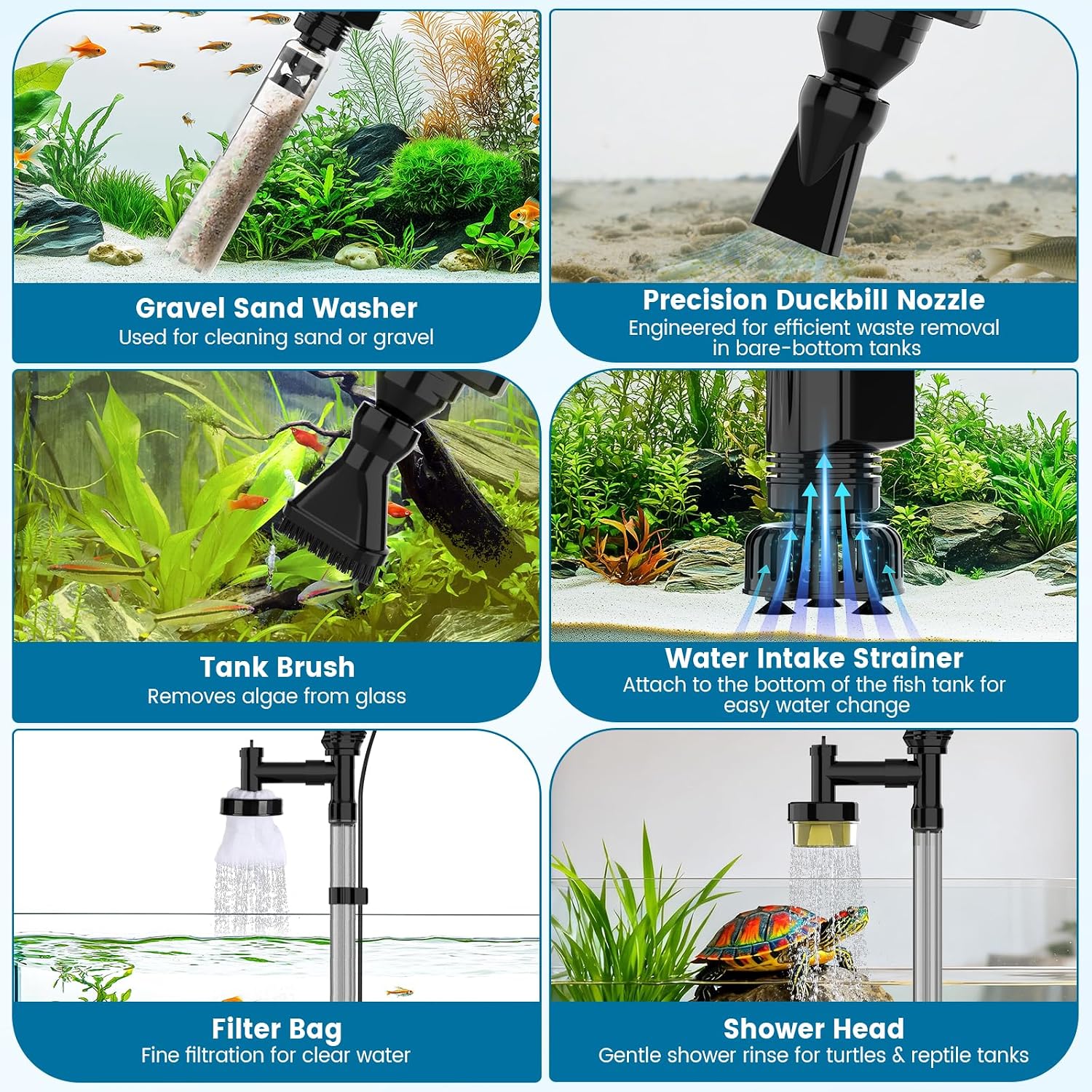 Aquarium Gravel Cleaner, 6-in-1 Electric Fish Tanks Gravel Vacuum | Anti-Clog Gravel Barrier, Sand Washer, Water