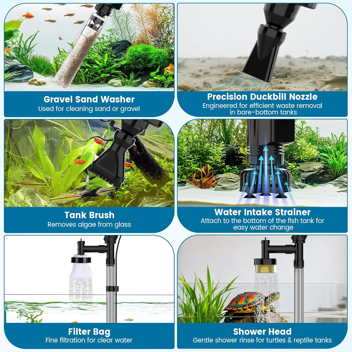 Aquarium Gravel Cleaner, 6-in-1 Electric Fish Tanks Gravel Vacuum | Anti-Clog Gravel Barrier, Sand Washer, Water